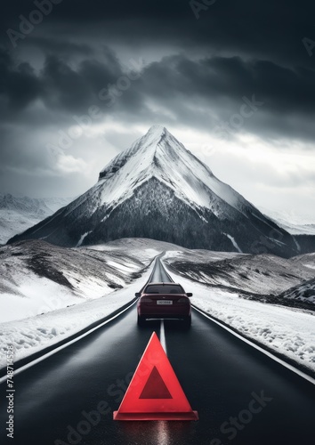 Red warning triangle is on wet road while bad weather, car accident. Generative Ai.