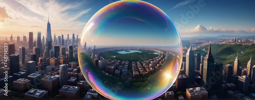 city  view Through bubbles floating in the sky_02