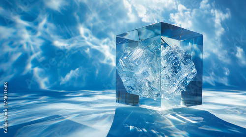 A cube composed of glass nail  floating in infinite empty blue space.