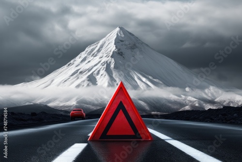 Red warning triangle is on wet road while bad weather, car accident. Generative Ai. photo