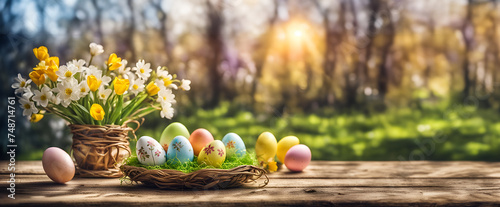 Ostern bunte bemalte Eier Dekoration mit Grün und Blumen frühlingshaft frisch in hellen Pastell Tönen Osterkorb auf Holztisch  Sonnenstrahlen weiches helles Licht Hintergründe und Vorlage