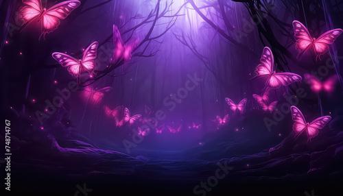 Magic Night Forest and Butterflies in neon color ,spring concept © terra.incognita