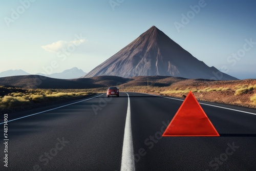 Red warning triangle is on road while good weather, car accident. Generative Ai.