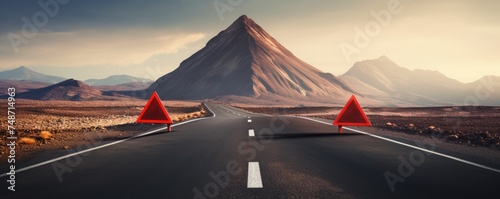 Red warning triangle is on wet road while bad weather, car accident, banner. Generative Ai.