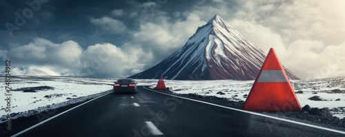 Red warning triangle is on road while good weather, car accident, banner. Generative Ai.