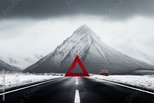 Red warning triangle is on wet road while bad weather, car accident. Generative Ai.