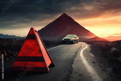 Red warning triangle is on road while good weather, car accident. Generative Ai.