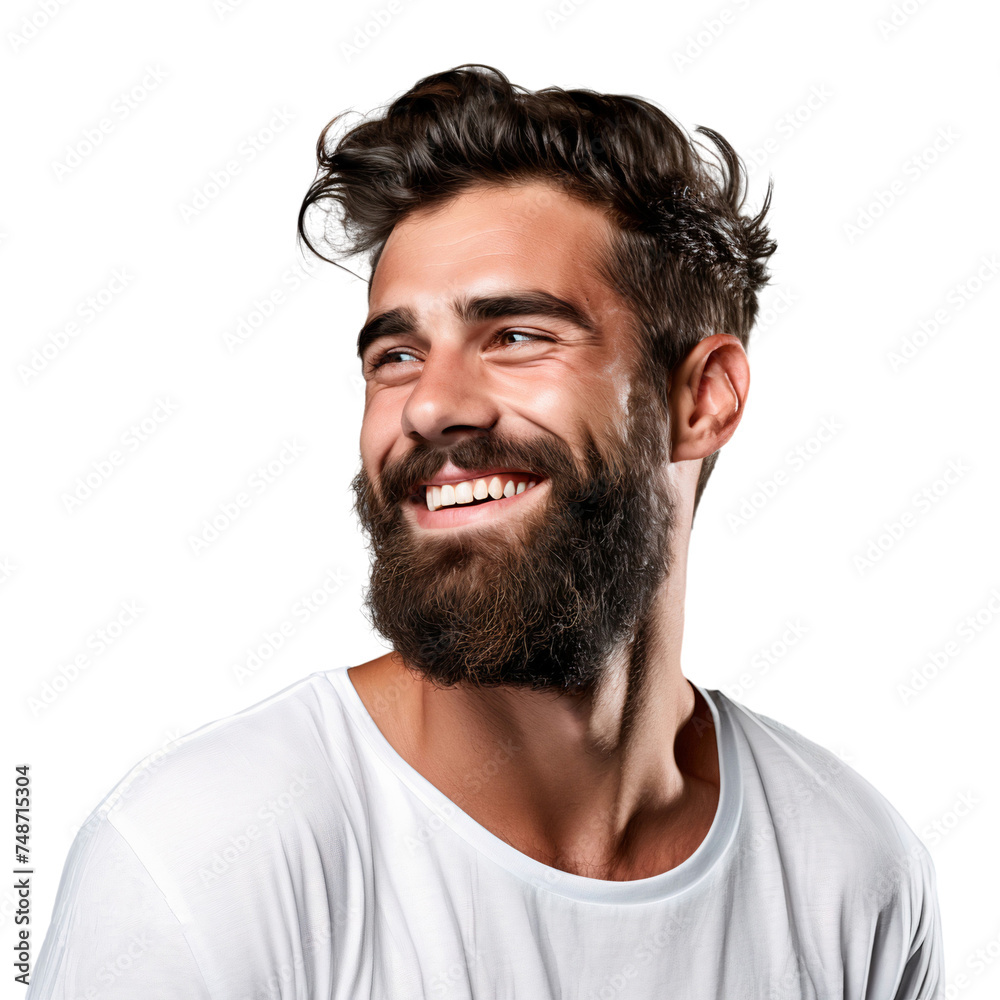 Fototapeta premium Portrait of a handsome beard man smiling, isolated on transparent background 