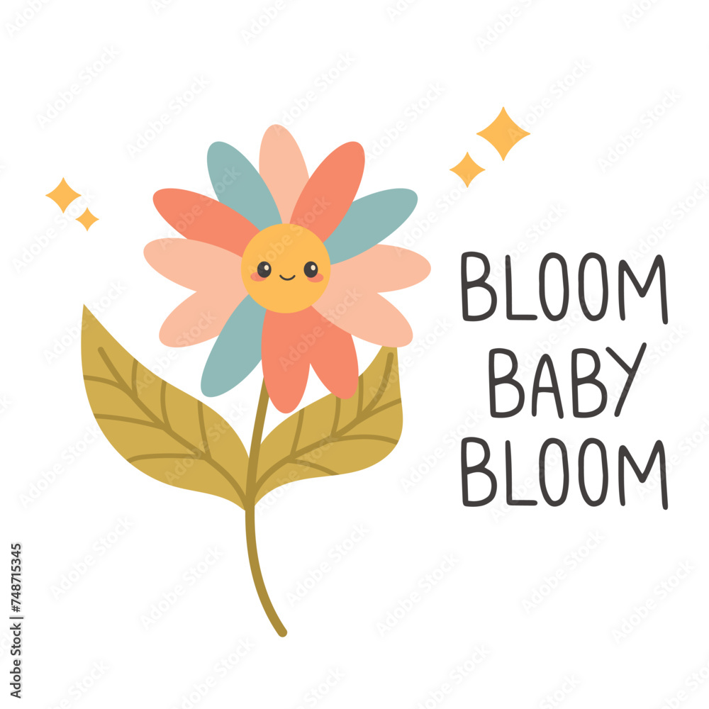 Cute flower. Hello spring quotes. Floral springtime hand drawn prints design. Positive phrases for stickers, postcards or posters. 