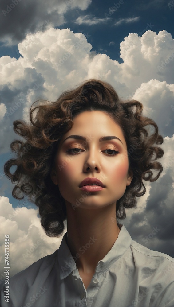 portrait of a real woman between clouds