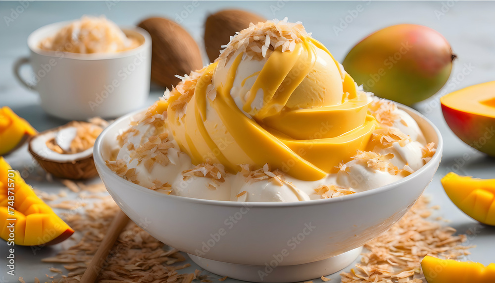 A swirl of mango and coconut smoothie ice cream, topped with toasted coconut flakes A swirl of mango and coconut smoothie ice cream, topped with toasted coconut flakes