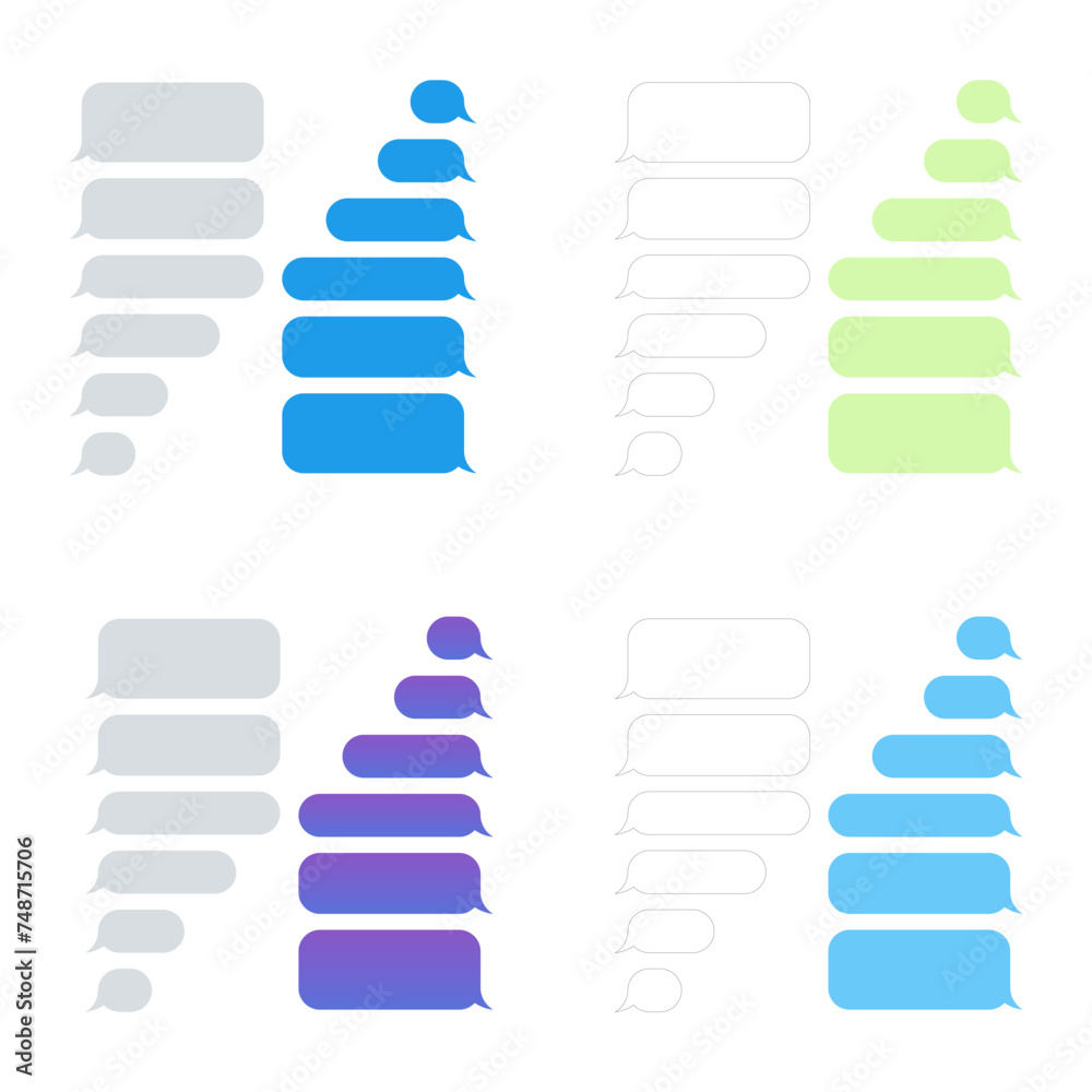 Message bubbles template for creating dialogues on white background. Text template bubbles. Mockup Web messenger interface. Speech bubbles for chat. Flat style vector illustration. Message bubbles template for creating dialogues on white background. Text template bubbles. Mockup Web messenger interface. Speech bubbles for chat. Flat style vector illustration.