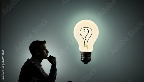 A thinker with a glowing light bulb and a question mark, illustrating the symbiosis between curiosity and the birth of transformative ideas photo