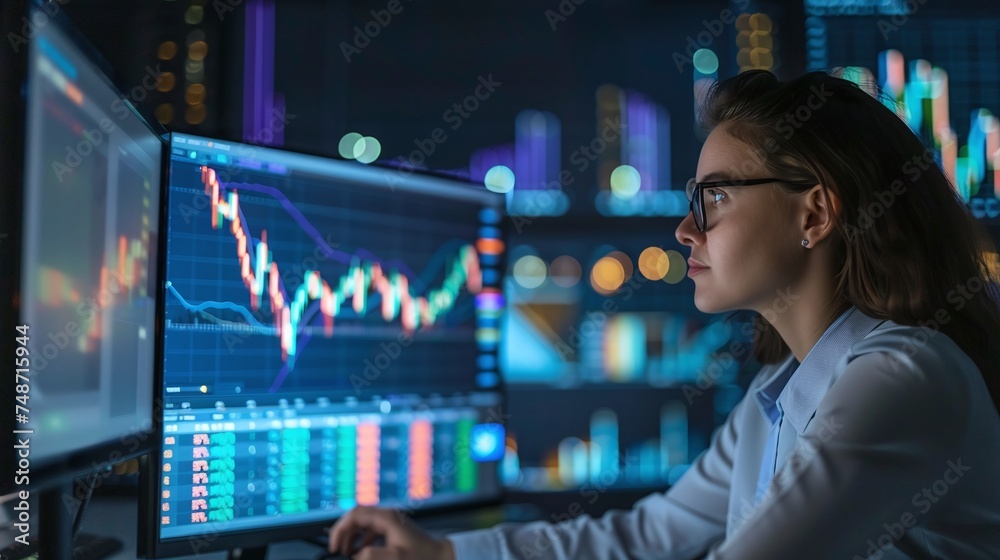 market analyst studying charts on computer display setup, analyzing business performance and market trends for strategic decision-making market analyst studying charts on computer display setup, analyzing business performance and market trends for strategic decision-making
