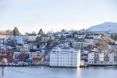 Walking along the seaside in Kristiansun town on great winter day 