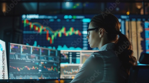 woman market analyst studying charts in front of computer display setup, analyzing financial data for stock trading strategy