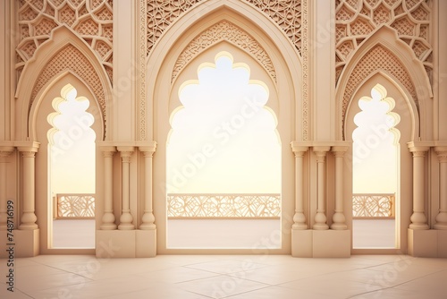 Ramadan kareem or eid al fitr, background with golden arch, with golden arabic pattern, background for holy month of muslim community Ramadan Kareem Generative AI photo