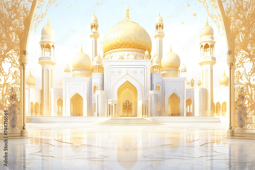 Islamic decoration background for Ramadan with lantern and mosque 3D rendering. 3D Illustration Generative AI