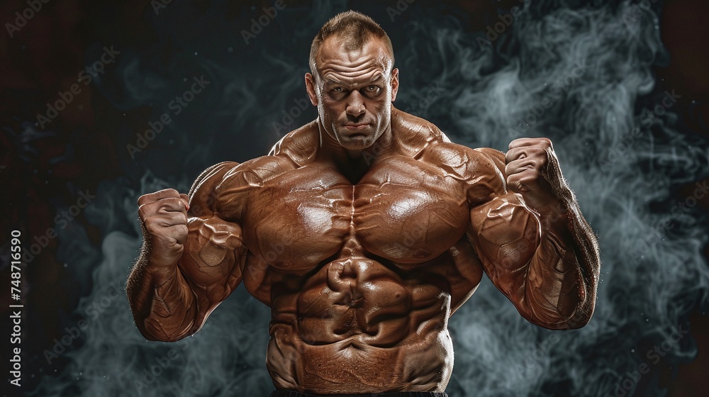 very muscular man in extreme bodybuilding pose, flexing muscular arms and chest with copy space, demonstrating the dedication and discipline of a bodybuilder in the gym