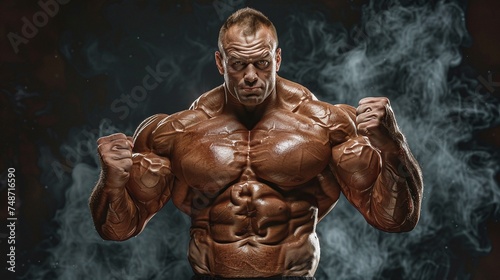 very muscular man in extreme bodybuilding pose, flexing muscular arms and chest with copy space, demonstrating the dedication and discipline of a bodybuilder in the gym