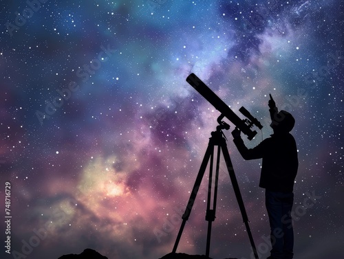 Astronomer with Telescope - An astronomer beside a telescope, pointing upwards towards a space for stargazing tips or celestial event dates. 