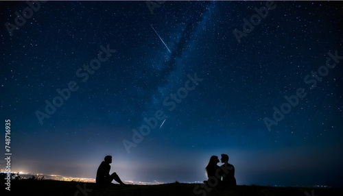 Couple sitting under starry sky at twilight, silhouette against cosmic backdrop.