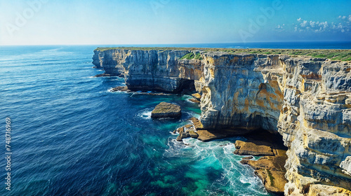 Panoramic view of coastal cliffs and the blue sea
