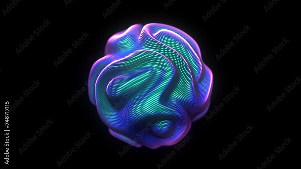 Rotating 3D glowing sphere with wavy pixel surface on black background. Abstract visualization of sound waves, big data or artificial intelligence. Seamless loop 4K animation of soundwave equalizer
