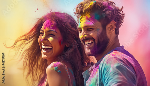 Couple in love celebrating the festival of colors , happy holi indian concept