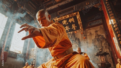 martial arts training inside temple, closeup of a shaolin warrior monk demonstrating kung fu techniques with precision and focus