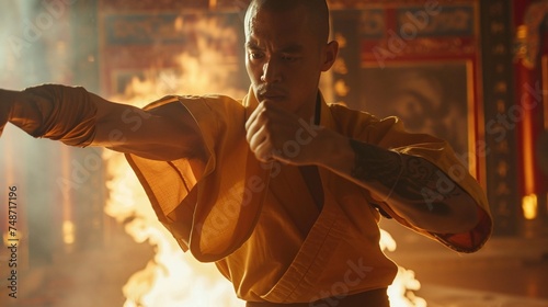 practicing kung fu inside temple, closeup of a shaolin warrior monk showcasing martial arts discipline and spirituality