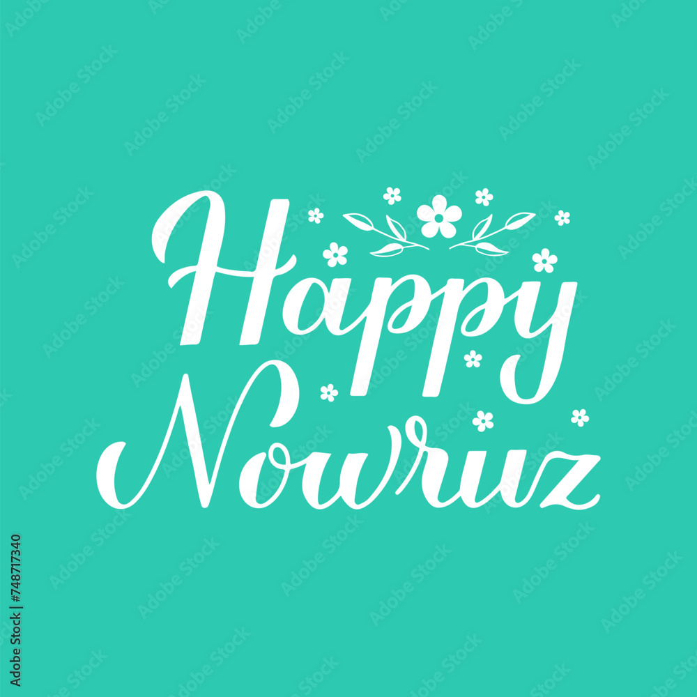 Happy Nowruz calligraphy hand lettering on mint green background. Iranian or Persian new year sign. Spring holiday vector illustration. Vector template for greeting card, banner, poster, flyer, etc.