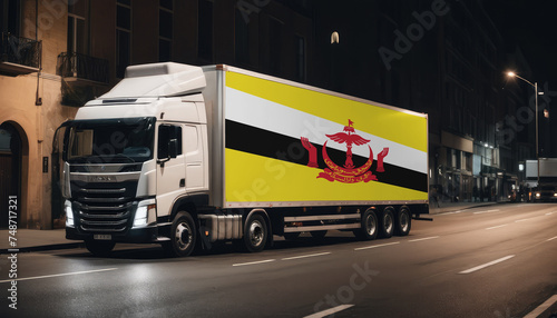 A truck with the national flag of Brunei depicted carries goods to another country along the highway. Concept of export-import,transportation, national delivery of goods.