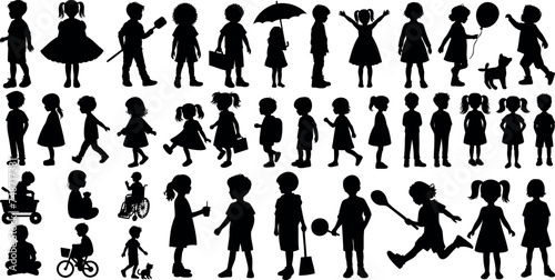 Children silhouette, full of youthful energy, engaging kids silhouette in diverse activities. Perfect for representing innocence, playfulness, and childhood. kid Isolated on white