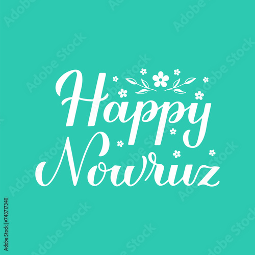 Happy Nowruz calligraphy hand lettering on mint green background. Iranian or Persian new year sign. Spring holiday vector illustration. Vector template for greeting card, banner, poster, flyer, etc.