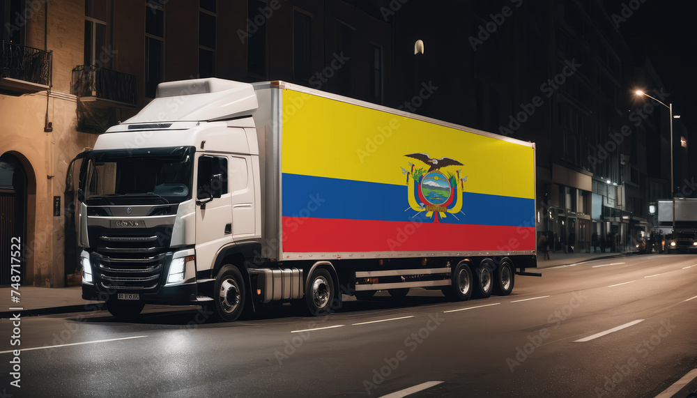 A truck with the national flag of Ecuador depicted carries goods to another country along the highway. Concept of export-import,transportation, national delivery of goods.