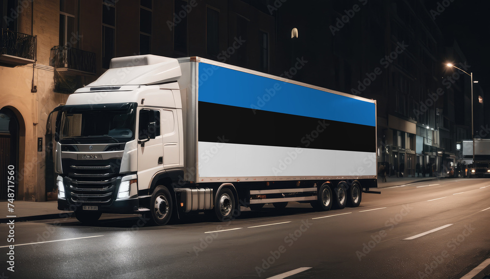 A truck with the national flag of Estonia depicted carries goods to another country along the highway. Concept of export-import,transportation, national delivery of goods. A truck with the national flag of Estonia depicted carries goods to another country along the highway. Concept of export-import,transportation, national delivery of goods.