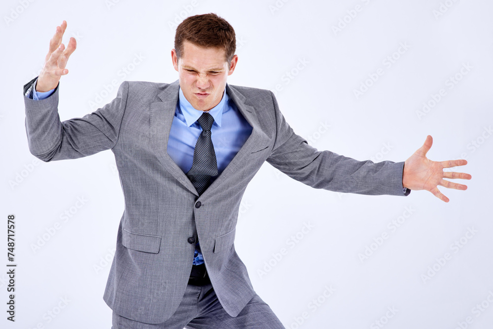 Businessman, studio and angry or mad mockup for problem or company failure and office conflict by white background. Trader, expression and mad for crisis in stock market, mistake and loss of profit Businessman, studio and angry or mad mockup for problem or company failure and office conflict by white background. Trader, expression and mad for crisis in stock market, mistake and loss of profit