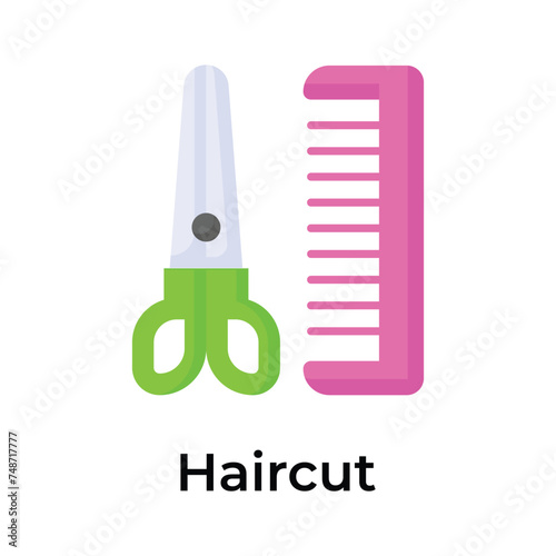 Scissors and hair comb showing concept icon of haircut in trendy style