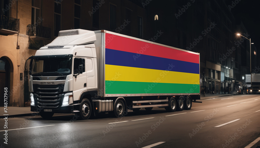 A truck with the national flag of Mauritius depicted carries goods to another country along the highway. Concept of export-import,transportation, national delivery of goods.