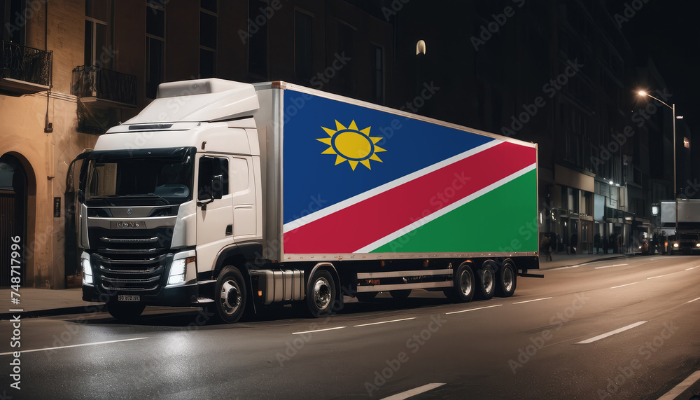 A truck with the national flag of Namibia depicted carries goods to another country along the highway. Concept of export-import,transportation, national delivery of goods.