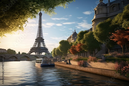 the eiffel tower with boats on the seine