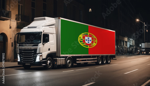 A truck with the national flag of Portugal depicted carries goods to another country along the highway. Concept of export-import,transportation, national delivery of goods.