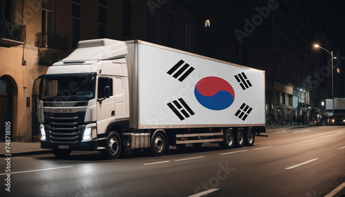 A truck with the national flag of Republic of Korea depicted carries goods to another country along the highway. Concept of export-import,transportation, national delivery of goods.