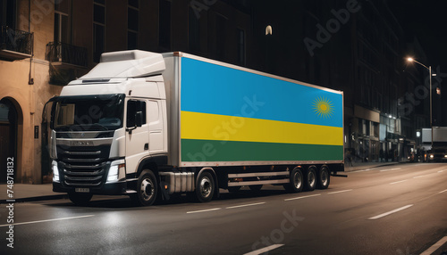 A truck with the national flag of Rwanda depicted carries goods to another country along the highway. Concept of export-import,transportation, national delivery of goods.