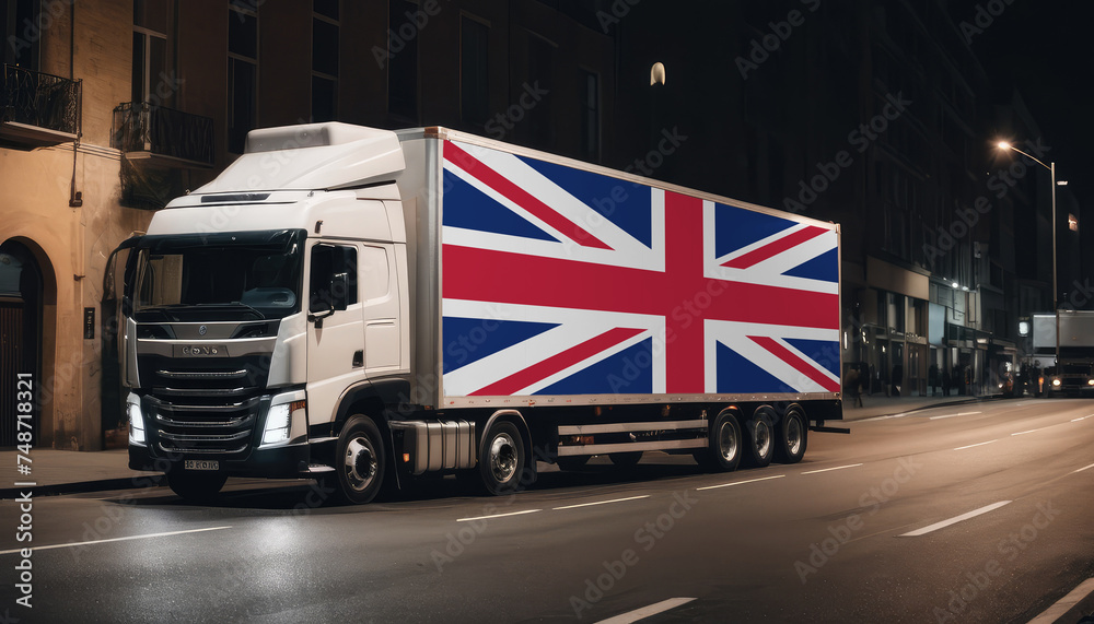 A truck with the national flag of United Kingdom depicted carries goods to another country along the highway. Concept of export-import,transportation, national delivery of goods.