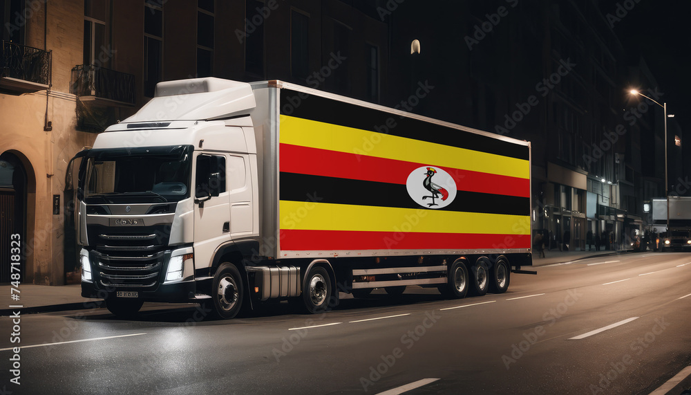A truck with the national flag of Uganda depicted carries goods to another country along the highway. Concept of export-import,transportation, national delivery of goods.