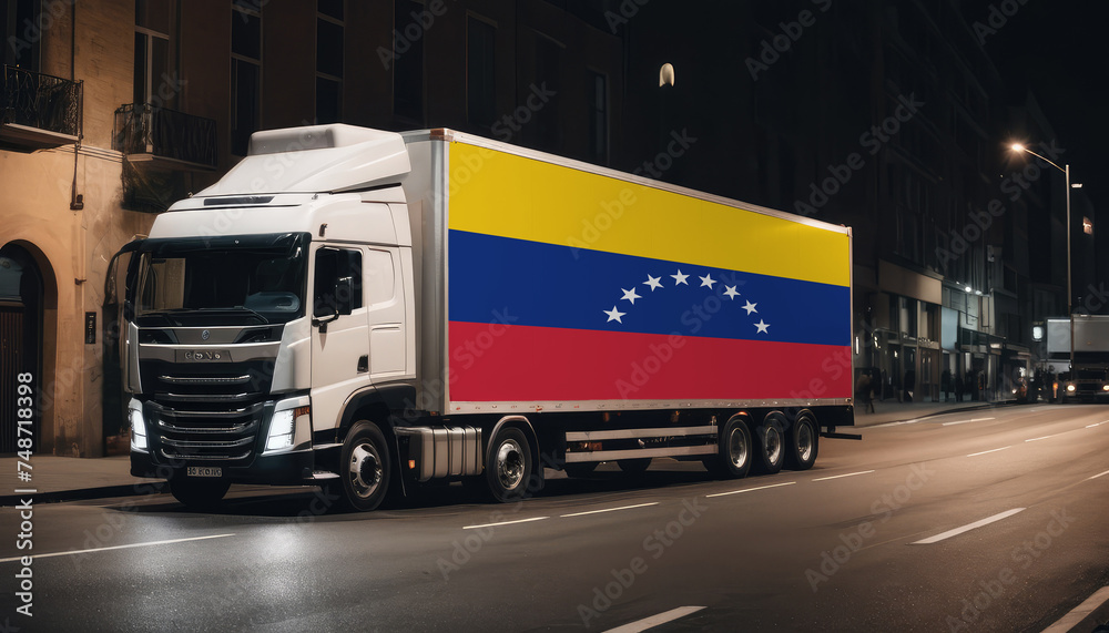 A truck with the national flag of Venezuela depicted carries goods to another country along the highway. Concept of export-import,transportation, national delivery of goods.