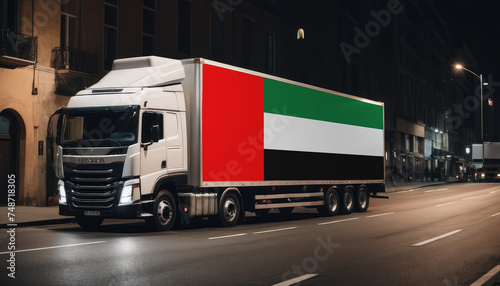 A truck with the national flag of United Arab Emirates depicted carries goods to another country along the highway. Concept of export-import transportation  national delivery of goods.