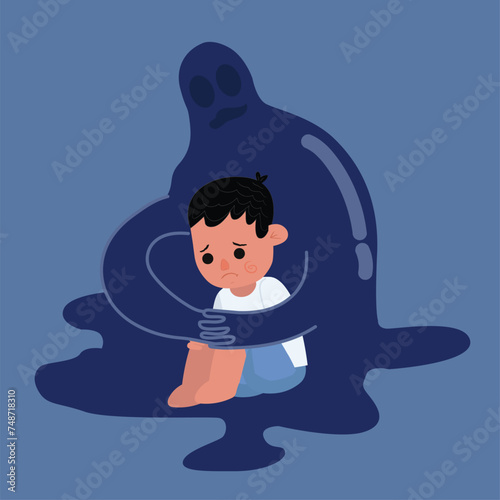 The little boy tripped in depression, the kid sitting in the flour sad, Insecurity, and bullying children. Sad boy. Flat design. Bullying and harassment of children. Abstract flat illustration. Vector